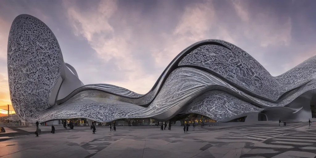 Image similar to extremely detailed ornate stunning beautiful elegant futuristic museum exterior by Zaha Hadid, stunning volumetric light, sunset, 8k