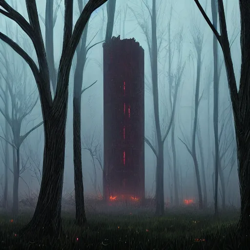 Image similar to monumental old ruins tower of a dark misty forest, overcast, sci - fi digital painting by simon stalenhag