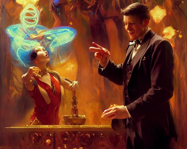 Prompt: attractive magician man, casting impossible magic. highly detailed painting by gaston bussiere, craig mullins, j. c. leyendecker 8 k