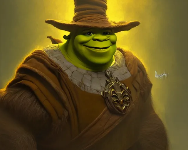 Prompt: shrek, dressed as a wizard, yellow, deep focus, d & d, fantasy, intricate, elegant, highly detailed, digital painting, artstation, concept art, matte, sharp, illustration, hearthstone, art by artgerm and greg rutkowski and alphonse mucha