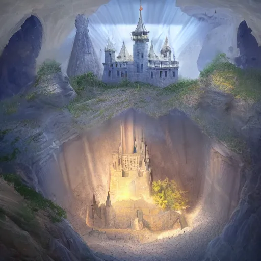 Prompt: The royal castle of a sacred family hidden at the bottom of a large sand cavern. A ray of light shines on the castle from above. Concept art, trending on artstation, matte painting, detailed, ultra high quality