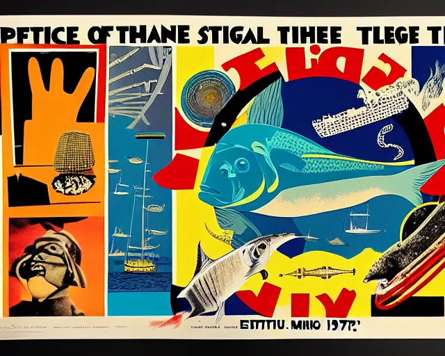 Prompt: footage of a theater stage, 1976 poster, cut out collage, film noir, break of dawn on Neptun, epic theater, tropical fish, nautical maps, NY style grafitti, in style of Monty Python, composition by Prince, written by Ernst Jandl, lens flare