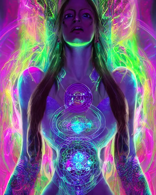 Image similar to a powerful energy psychedelic matrix priestess, by alexander fedosav, hyper detailed digital matte painting, concept art, hyperrealism, 1 6 k resolution, cinema 4 d, 8 k resolution, trending on artstation, behance hd, a masterpiece, by stephan martiniere, particles, cel - shaded, power bright neon energy, by david a. hardy,