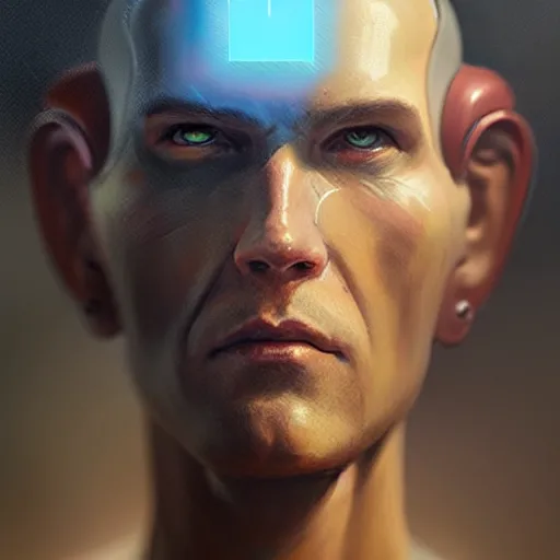 Image similar to cyborg man with cybernetic implants, beautiful, concept art oil painting, portrait ethereal by jama jurabaev, greg rutkowski extremely detailed, brush hard, artstation, soft light