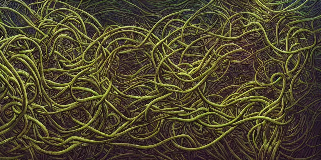 Image similar to the word FLEX made of extremely thick vines intertwined, central composition, high saturation, epic lighting, in the style of Peter gric and Hannah yata 8k