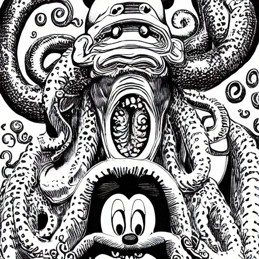 Prompt: A tentacle monster with faces of Mickey Mouse by Kentaro Miura, highly detailed, black and white