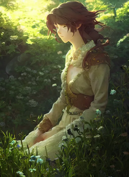 Prompt: a portrait of the emerald herald in the garden, shiny, intricate, tone mapped, ambient lighting, highly detailed, digital painting, concept art, sharp focus, by makoto shinkai and akihiko yoshida and hidari and wlop