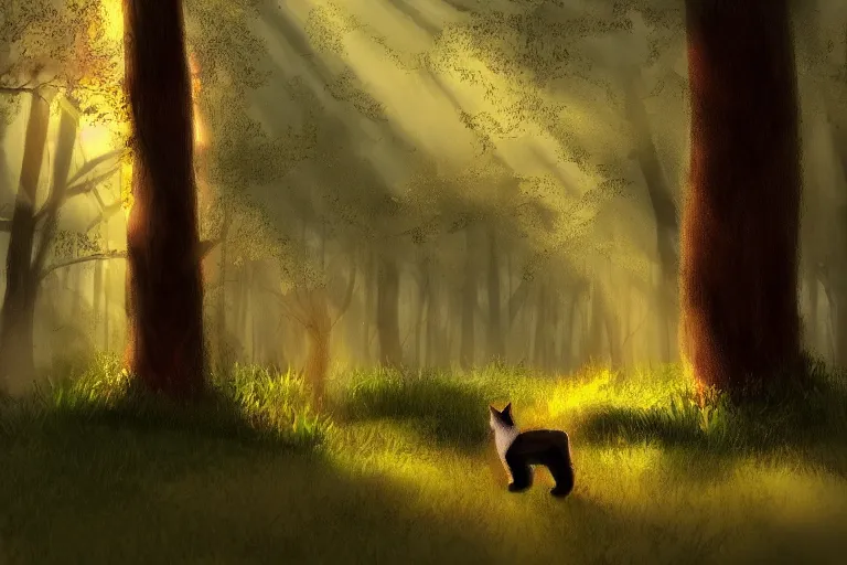 Image similar to a forest with a cat, trending on artstation, by wayne mcloughlin, backlighting