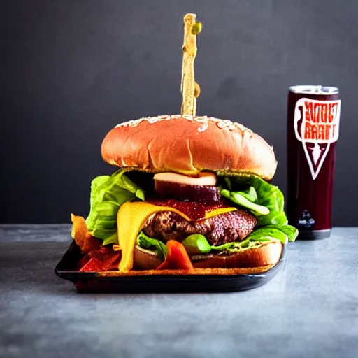 Image similar to kevin bacon portrait eating bacon burger soda fries, award winning food photography