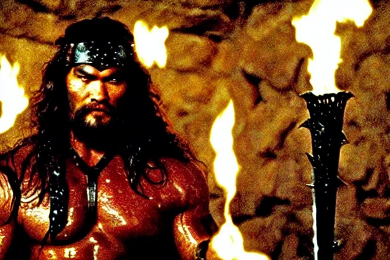 Image similar to film still from conan the barbarian, jason momoa as conan holding a torch in the catacombs of evil, fantasy armor, volumetric lighting, mist, wet skin and windblown hair, muscular!!!, masculine pose, ridley scott