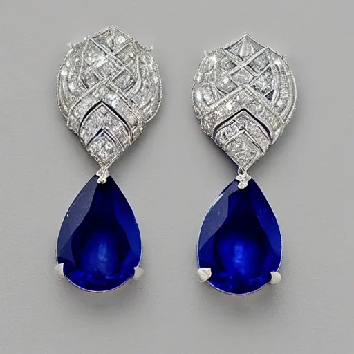 Prompt: teardrop sapphire and diamond earrings. 1 9 2 0's, flapper, great gatsby