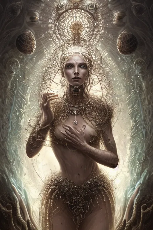 Prompt: a centered render of an alluring post apocalyptic goddess with wearing ornate silver and gemstones and crystal clothing surrounded by flowing liquid gallium jellyfish and sacred geometry, perfect body and face, gorgeous, cinematic, beautifully lit, by tomasz alen kopera and peter mohrbacher and craig mullins, 3 d, trending on artstation, octane render, 8 k