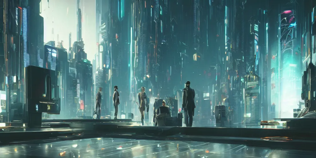 Prompt: virtual metaverse room, elegant, hiring bot welcoming 6 participants, futuristic avatars, holograms, by greg rutkowski, cyberpunk 2 0 4 8, blade runner 2 0 9 9, 4 k, ominous, golden ratio, awe inspiring