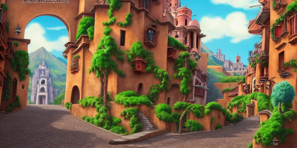 Image similar to background plate matte painting ghibli miyamoto pixar dreamworks vista guanajuato mexico.