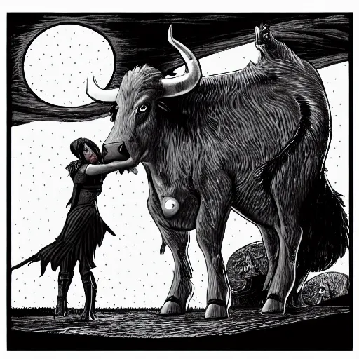 Prompt: fantasy art of a witch turning a man into a cow, black and white fur, pink udder, extremely detailed, trending on artstation