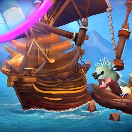 Prompt: hedgehog on a ship in seqa of thieves