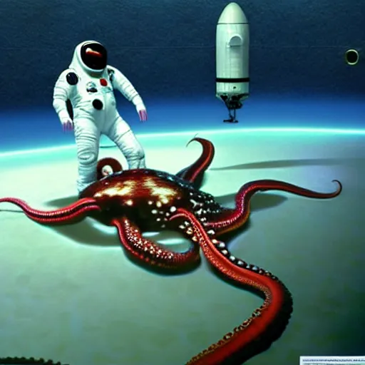 Image similar to hyperrealism photography in araki nobuyoshi dramatic scene from movie the big lebowski style computer simulation visualisation of detailed octopus riding on a astronaut back in the detailed ukrainian village