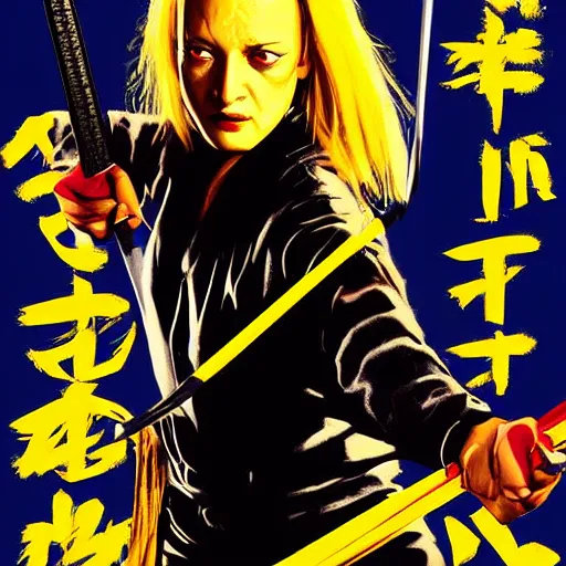 Image similar to kill bill movie poster with uma thurman swinging katana by tarantino, wlop and artgem, beautiful portrait, enhanced eye detail, exquisite hair and body