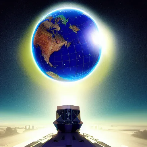 Prompt: shield between the sun and planet earth, trending on art station, retro futurism, photo realistic, perspective