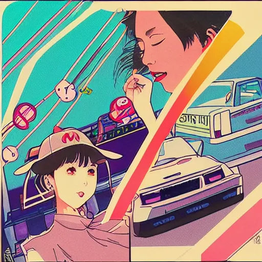 Image similar to album - cover of a 1 9 8 0 s japanese city - pop record featuring an anime illustration by mizucat. cute stylish woman ; sports car ; neon ; urban summer drive.