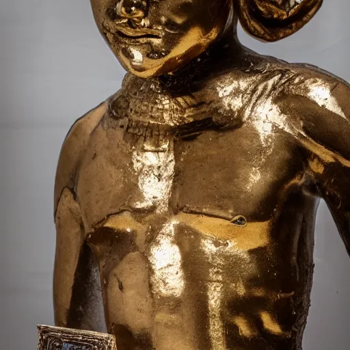Prompt: Babylonia statue with head covered of gold, chest covered of silver, stomach and thighs covered in bronze, legs and feet covered in iron and clay, award winning photography