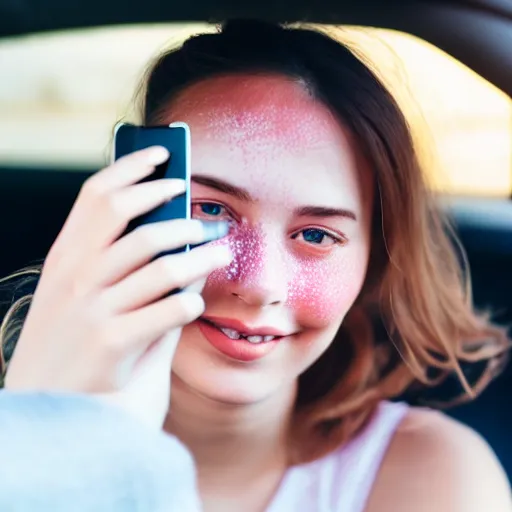 Prompt: a beautiful cute young woman takes a photo of herself, sitting in her car, flushed face, red blush, light freckles, big puffy lips, smiling softly, soft features, 8 k, sharp focus, instagram, portra 4 0 0