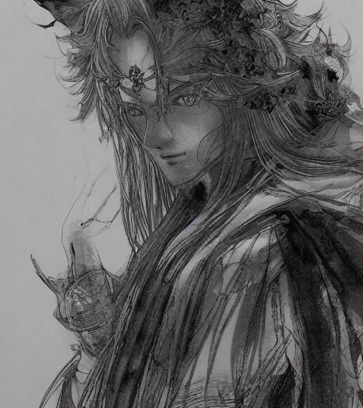 Image similar to portrait of anime cat with long hair wearing a dark robe, pen and ink, intricate line drawings, by craig mullins, ruan jia, kentaro miura, greg rutkowski, loundraw