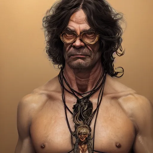 Image similar to portrait of greasy strangler, soft hair, muscular, half body, leather, hairy, d & d, fantasy, intricate, elegant, highly detailed, digital painting, artstation, concept art, smooth, sharp focus, illustration, art by artgerm and greg rutkowski and alphonse mucha