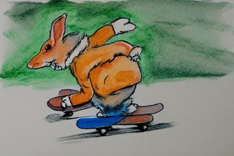 Prompt: a child's watercolor pencil painting of bunny playing skateboard.