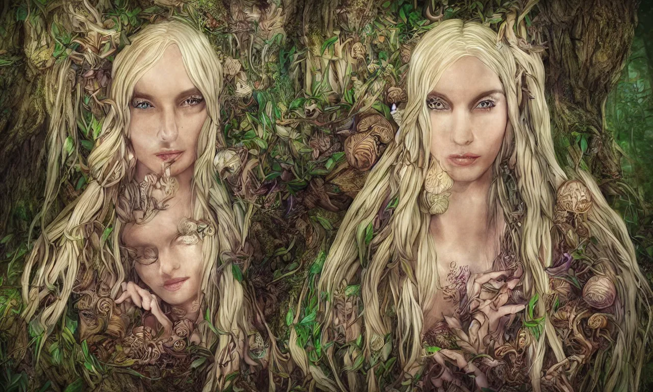 Image similar to beautiful blonde woman with plaits, forest fae, psychedelic mushrooms, magic, mystical, white witch, photorealistic, sacred geometry