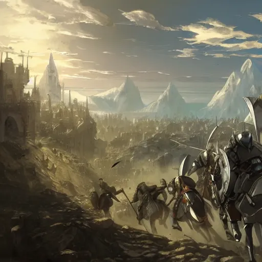 Image similar to a beautiful medieval battle between Knight, Templar against Orc, in anime style highly detailed by Raphael Lacoste, greg rutkowski, makoto shinkai