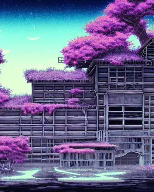 Image similar to a beautiful very detailed anime illustration of nature chalet industrial architecture abandoned urbex building architecture by martin johnson heade, architecture island flowers forest galactic neon noir infrared vice city thermal imaging, archdaily, wallpaper, highly detailed, trending on artstation.