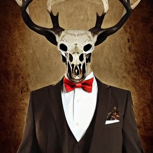 Prompt: man in a suit wearing a deer skull, creepy, dark, disturbing, ominous