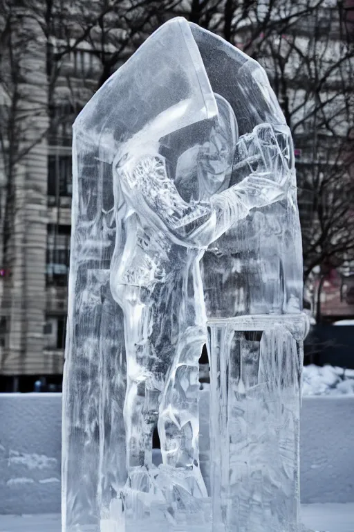 Image similar to transparent ice sculpture of man in sportswear jacket, intricate sculpture, cold, winter, street photo