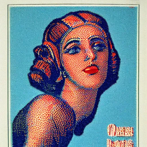 Prompt: pointillism stamp, vintage clothing poster, precise stippling, cross - hatching, a face of an old warrior, blue and red two - tone, retro label, vintage art deco, 1 9 2 0 s advert