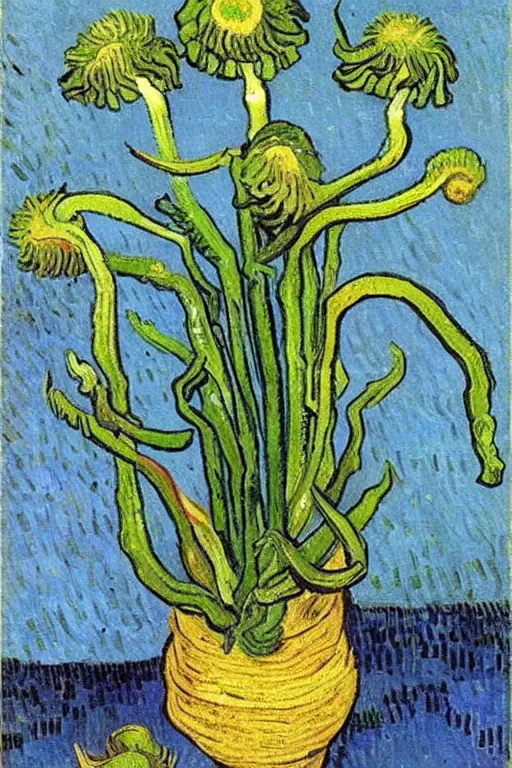 Prompt: Fiddleheads, painted by Vincent Van Gogh (1890), oil on canvas, detailed brushstrokes