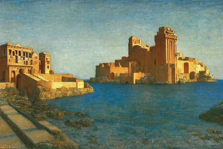 Prompt: ancient moorish city by the sea by Annie Swynnerton and Nicholas Roerich and jean delville, strong dramatic cinematic lighting , ornate painted architecture, lost civilizations, smooth, sharp focus, extremely detailed