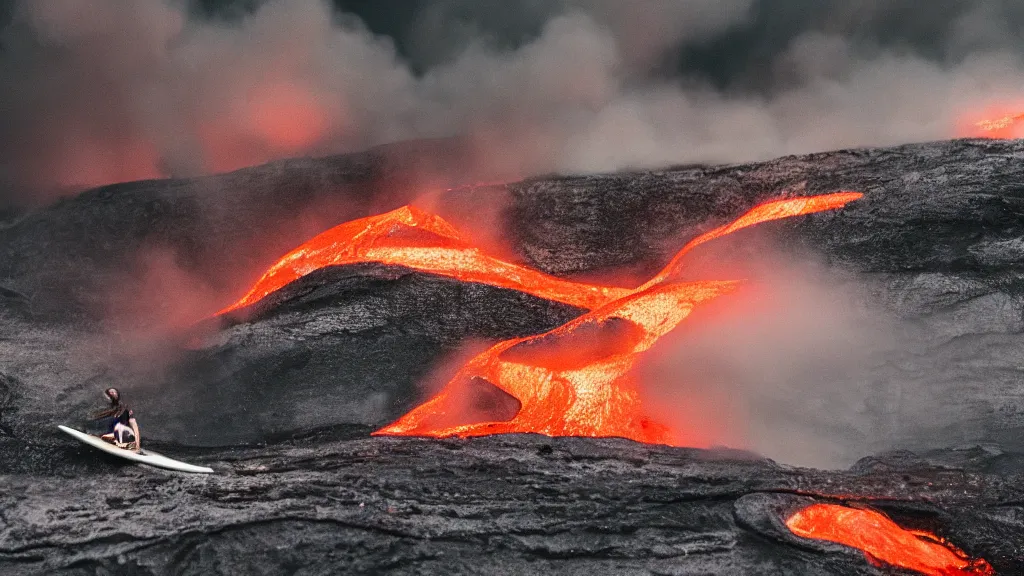 Image similar to person in armor surfing down a river of lava on the side of a volcano on surfboard, action shot, dystopian, thick black smoke and fire, motion blur, sharp focus, cinematic, tilt shift lens