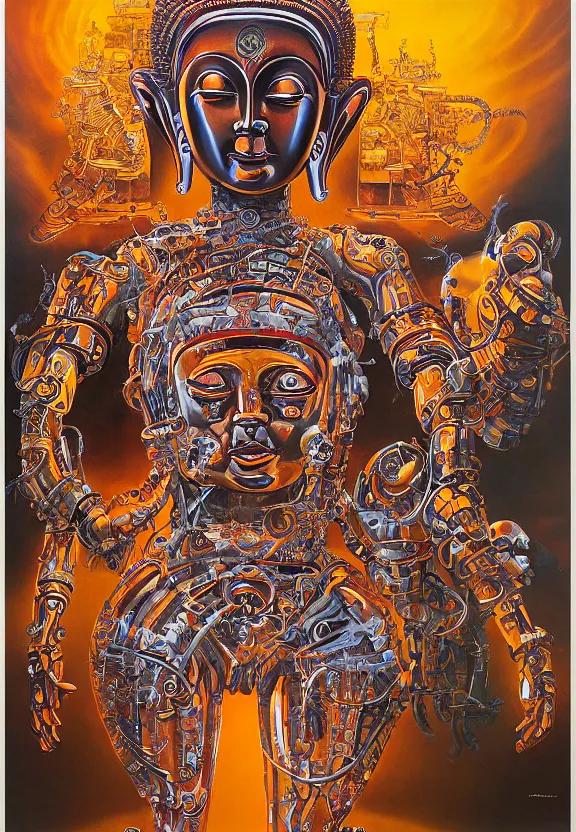 Prompt: biomechanical alien robot buddha, female, intense stare, sarcastic smile, symmetrical, concept art, intricate detail, volumetric shadows and lighting, realistic oil painting, 1 9 7 0 psychedelic soviet poster,