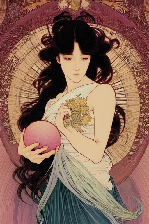 Image similar to beautiful portrait digital painting of a female holding an orb, blush, pleated skirt, flowing hair, slim face, elegant, alphonse mucha, by yoichi hatakenaka, masamune shirow, josan gonzales and dan mumford, ayami kojima, takato yamamoto, barclay shaw, karol bak, yukito kishiro