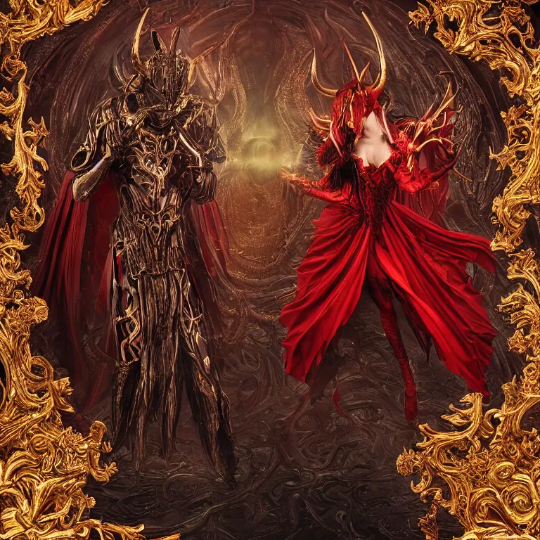 Image similar to black man and a female devil in red dress with horns are dancing together, in Dark souls and elden ring style, insanely detailed and intricate, golden ratio, hypermaximalist, elegant, ornate, luxury, elite, ominous, haunting, matte painting, cinematic, cgsociety, James jean, Brian froud, ross tran, Laputa, photorealism