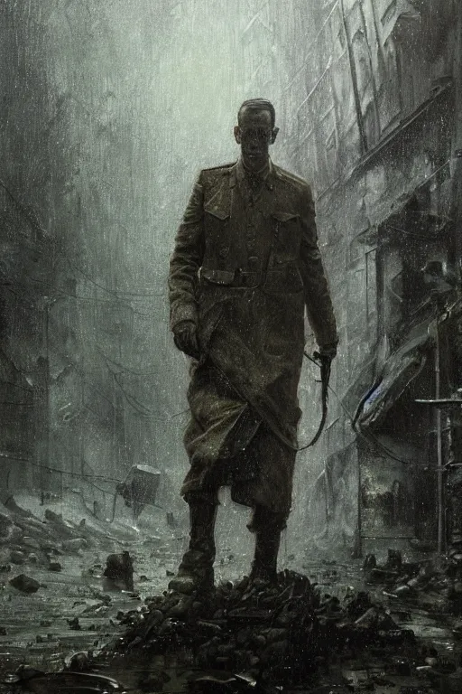 Image similar to , h p lovecraft at the trenches of somme hyperrealistic portrait, rainy weather, bladerunner street, art of elysium by jeremy mann and alphonse mucha and greg rutkowski, fantasy art, photo realistic, dynamic lighting, artstation, poster, volumetric lighting, very detailed face, 4 k, award winning