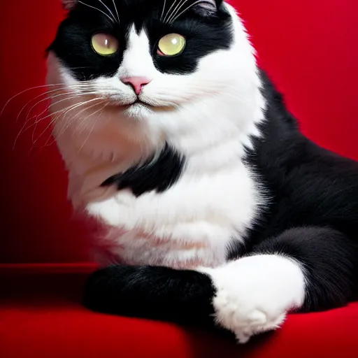 Prompt: fluffy tuxedo cat portrait, white cheeks, aesthetic highly detailed soft fur and paws, professionally shot photorealistic 8k photograph, 35mm Canon EOS R3, rendered in octane, by Natalie Große and Jason Allison