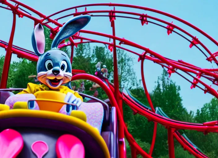 Image similar to film still of a bunny riding a roller coaster in disneyland paris, 8 k