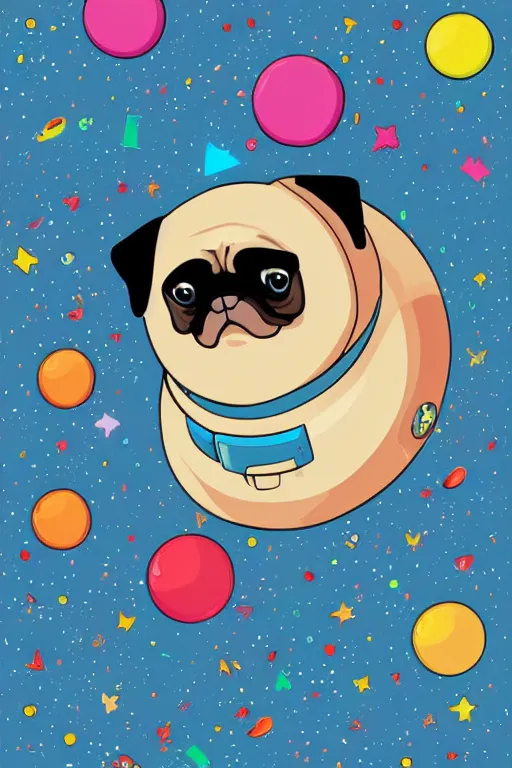 Image similar to planet pug floating in space, art by brian miller, sticker, colorful, illustration, highly detailed, simple, smooth and clean vector curves, no jagged lines, vector art, smooth