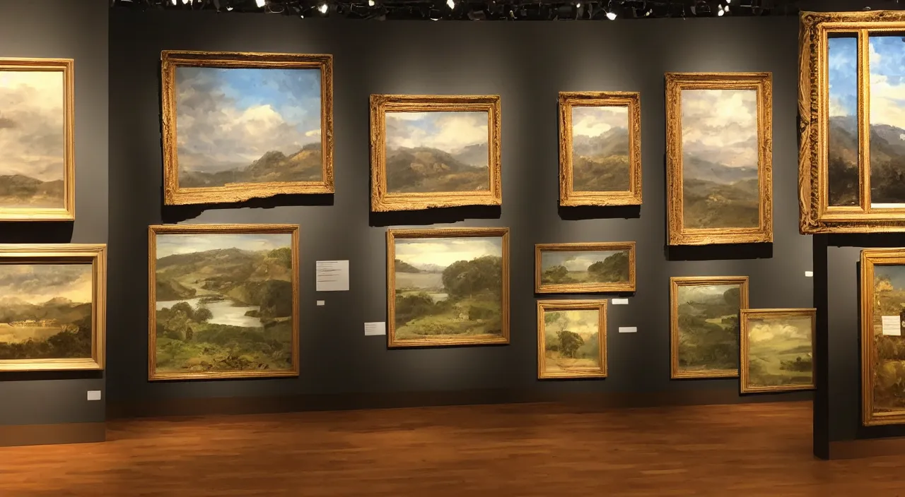 Image similar to in the art gallery, three landscape paintings are displayed side by side, and the middle one is a painting of a horse's head sticking out of the frame.