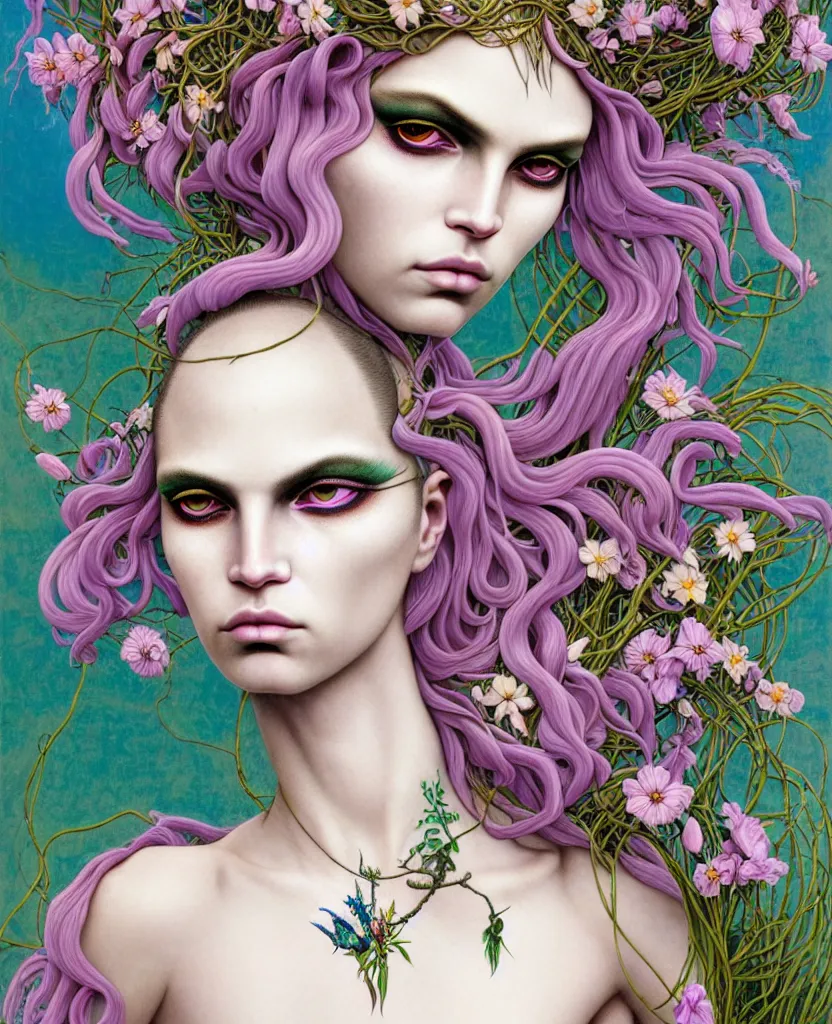 Prompt: the androgynous deity of Spring, 1 figure only, looks a blend of Grimes, Lana Del Rey, Aurora Aksnes, and Zoë Kravitz, made entirely out of flora and fauna, in a style combining Botticelli, Möbius and Æon Flux, surrealism, stunningly detailed artwork, hyper photorealistic 4K, stunning gradient colors, very fine inking lines