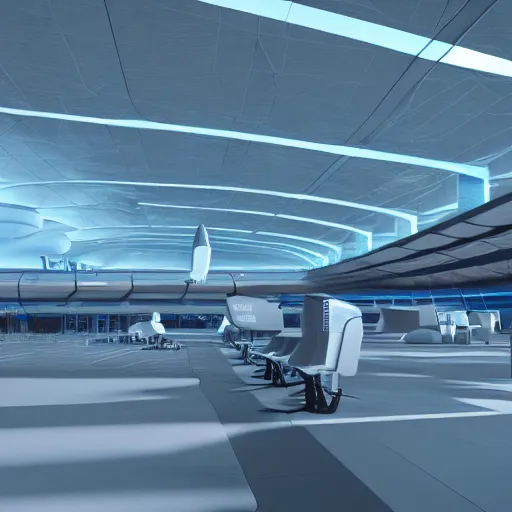 Image similar to A scifi futuristic airport, rockets are tech, blue and grey, octane render, digital art