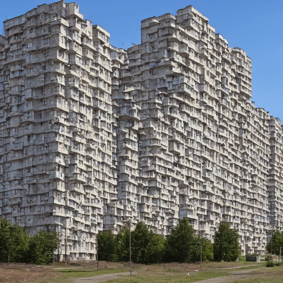 Prompt: Photograph of a generic soviet communist residential block, sunny weather