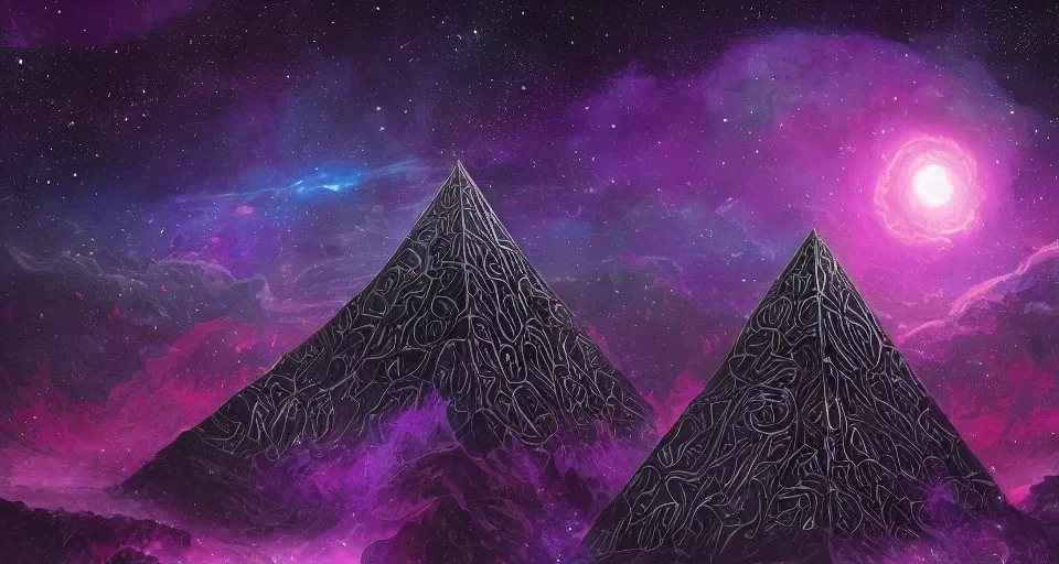 Image similar to black lovecraftian eldritch!! obsidian pyramid!! with a man standing on top of it on calm seas, cosmic purple space!, bright stars, nebula, sky background by eugene von guerard, ivan shishkin, night, cosmic brightly purple space stars, concept art, trending on artstation, 8 k